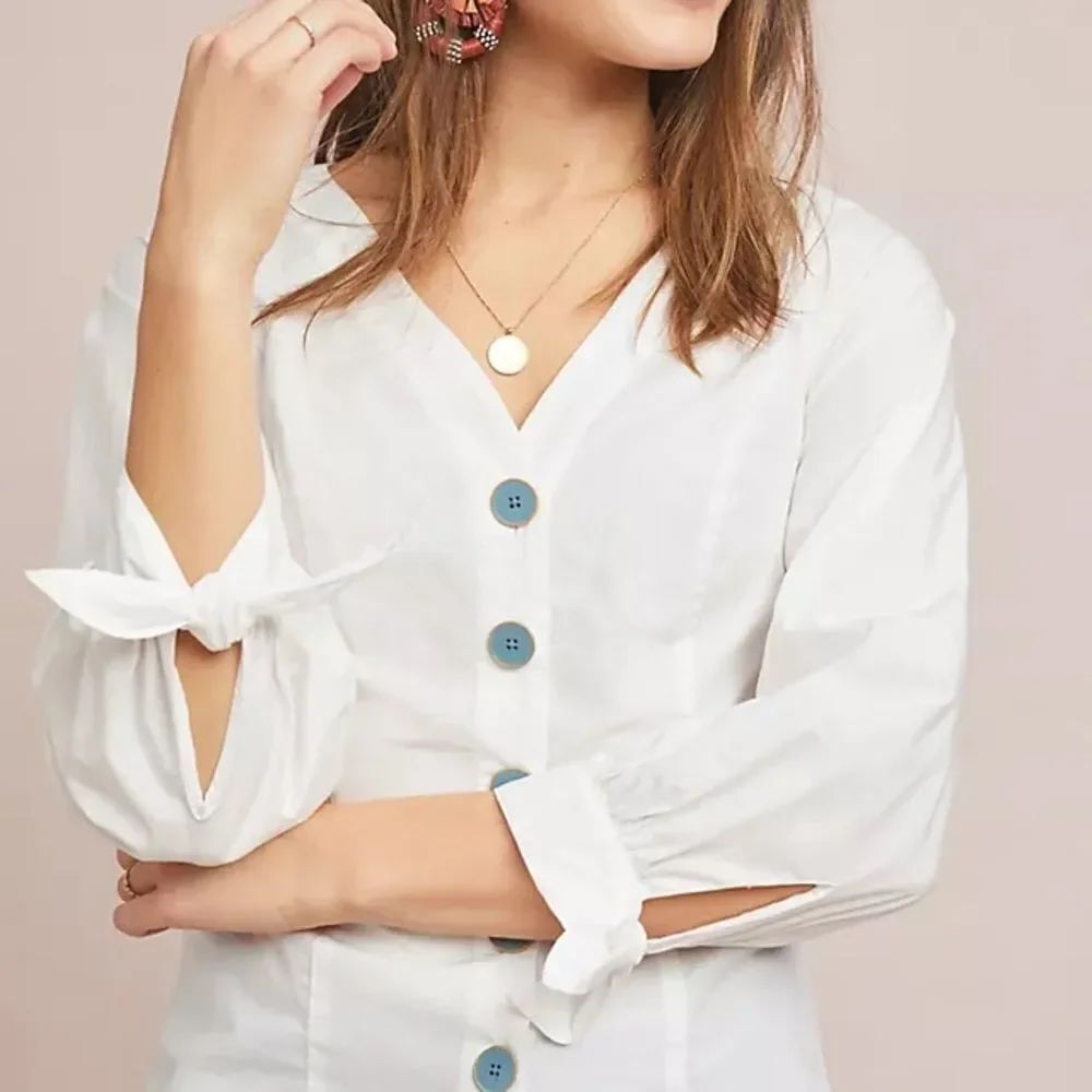 Anthropologie Maeve Tied-sleeve Button-Up Poplin Top